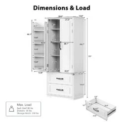 15.80 In. W X 30.30 In. D X 70.98 In. H White MDF Freestanding Linen Cabinet With 3-Shelves And 2-Drawers In White -Tahanbath ameican white oak tahanbath linen cabinets ct xl p254905w c3 1000