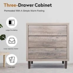 Grey Oak 3-Drawer Wooden Chest: Tall Farmhouse Nightstand And Storage Cabinet For Bedroom, Home Office-31.5 In. W -Tahanbath antique grey tahanbath pantry organizers z w2948p245252 fa 1000