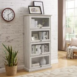 4-Tier White Glass Display Cabinet: Ideal For Living Room With Flip-up Glass Doors -Tahanbath antique white tahanbath pantry organizers z w2275p206602 1f 1000