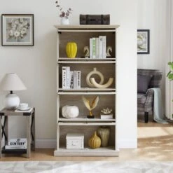 4-Tier White Glass Display Cabinet: Ideal For Living Room With Flip-up Glass Doors -Tahanbath antique white tahanbath pantry organizers z w2275p206602 44 1000