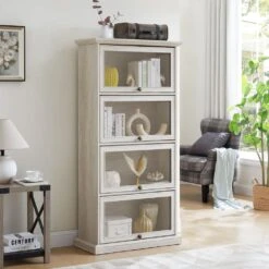 4-Tier White Glass Display Cabinet: Ideal For Living Room With Flip-up Glass Doors -Tahanbath antique white tahanbath pantry organizers z w2275p206602 fa 1000