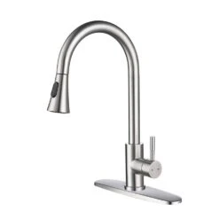 Single Handle Deck Mount Gooseneck Pull Out Sprayer Kitchen Faucet With Deck Plate And Pull-Down Sprayer In Stainless