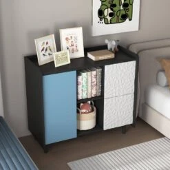 Modern Black Storage Sideboard: 2 Drawers, 2 Open Compartments, Ideal For Kitchen Coffee Stations -Tahanbath black blue tahanbath pantry organizers z w409p176583 76 1000