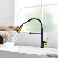 Commercial Black And Gold Kitchen Faucet With Pull Down Sprayer, Single Handle Single Lever Kitchen Sink Faucet -Tahanbath black gold tahanbath pull down kitchen faucets z w1932p172321 1f 1000