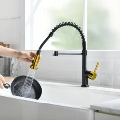 Commercial Black And Gold Kitchen Faucet With Pull Down Sprayer, Single Handle Single Lever Kitchen Sink Faucet -Tahanbath black gold tahanbath pull down kitchen faucets z w1932p172321 4f 1000