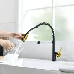 Commercial Black And Nickel Gold Kitchen Faucet With Pull Out Sprayer, Single Handle Single Lever Kitchen Sink Faucet -Tahanbath black gold tahanbath pull down kitchen faucets z w1932p180032 1f 1000