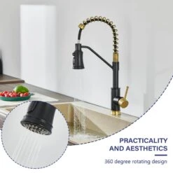 18.7 In. H Single Handle Pull Out Sprayer Kitchen Faucet With 360° Spout Swivel In Matte Black And Gold -Tahanbath black gold tahanbath pull out kitchen faucets kt ct xy33bg70us 1f 1000
