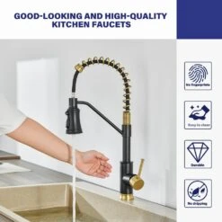 18.7 In. H Single Handle Pull Out Sprayer Kitchen Faucet With 360° Spout Swivel In Matte Black And Gold -Tahanbath black gold tahanbath pull out kitchen faucets kt ct xy33bg70us 31 1000