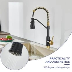 Single Handle Pull Out Sprayer Kitchen Faucet In Matte Black And Gold -Tahanbath black gold tahanbath pull out kitchen faucets z ct xy33bg70us 1f 1000