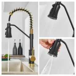 Single Handle Pull Out Sprayer Kitchen Faucet In Matte Black And Gold -Tahanbath black gold tahanbath pull out kitchen faucets z ct xy33bg70us 44 1000