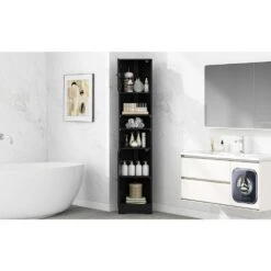 9.40 In. W X 14.60 In. D X 66.90 In. H Ready To Assemble Corner Cabinet With 2-Doors And Shelves, Open Shelf, Black -Tahanbath black tahanbath assembled kitchen cabinets z wf530911aab 44 1000