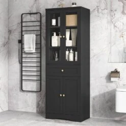 14.50 In. W X 23.30 In. D X 66.90 In. H Bathroom Storage Wall Cabinet In Black -Tahanbath black tahanbath bathroom wall cabinets z n725p186649b 1f 1000