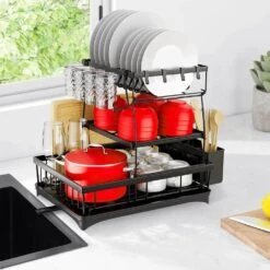 3-Tier Black Standing Dish Rack With Automatic Drainage For Kitchen Counter