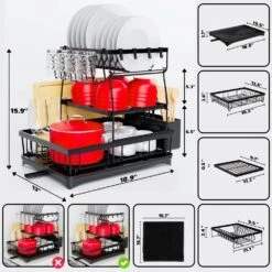 3-Tier Black Standing Dish Rack With Automatic Drainage For Kitchen Counter -Tahanbath black tahanbath dish racks ct cl 75pjax c3 1000