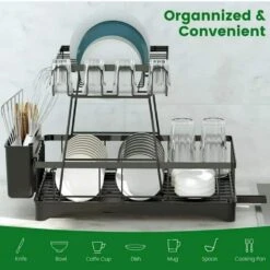 2 Tier Black Steel Standing Dish Racks With Utensil Holder, Drainboard And Cup Holder -Tahanbath black tahanbath dish racks ct cl 77fhjj c3 1000