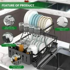 2 Tier Black Steel Standing Dish Racks With Utensil Holder, Drainboard And Cup Holder -Tahanbath black tahanbath dish racks ct cl 77fhjj fa 1000