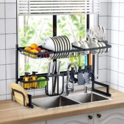 2-Tier Kitchen Dish Drying Rack: 33.7in Stainless Steel, Over-the-Sink Plus Utensil Organizer -Tahanbath black tahanbath dish racks ct cl 77rlp6 31 1000