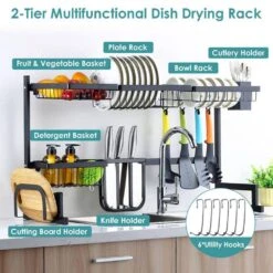 2-Tier Kitchen Dish Drying Rack: 33.7in Stainless Steel, Over-the-Sink Plus Utensil Organizer -Tahanbath black tahanbath dish racks ct cl 77rlp6 4f 1000
