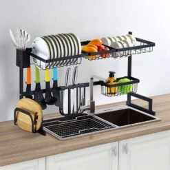2-Tier Kitchen Dish Drying Rack: 33.7in Stainless Steel, Over-the-Sink Plus Utensil Organizer -Tahanbath black tahanbath dish racks ct cl 77rlp6 c3 1000