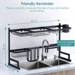 2-Tier Kitchen Dish Drying Rack: 33.7in Stainless Steel, Over-the-Sink Plus Utensil Organizer -Tahanbath black tahanbath dish racks ct cl 77rlp6 fa 1000