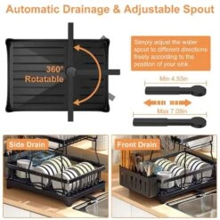 Black Carbon Steel Standing 2-Tier Dish Rack With Drainboard And Utensil Holder Cup Rack Swivel Spout For Kitchen -Tahanbath black tahanbath dish racks ct cl h5h9z8 4f 1000