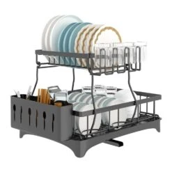 Black Carbon Steel Standing 2-Tier Dish Rack With Drainboard And Utensil Holder Cup Rack Swivel Spout For Kitchen -Tahanbath black tahanbath dish racks ct cl h5h9z8 76 1000