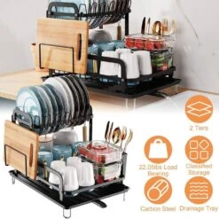 2-Tier Black Carbon Steel Detachable Dish Rack With Drainboard For Kitchen Counter -Tahanbath black tahanbath dish racks ct cl xtwkxy 1f 1000