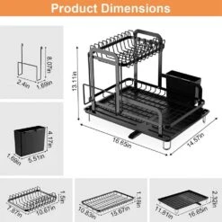 2-Tier Black Carbon Steel Detachable Dish Rack With Drainboard For Kitchen Counter -Tahanbath black tahanbath dish racks ct cl xtwkxy c3 1000