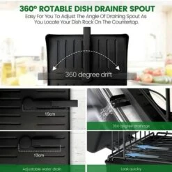 2-Tier Stainless Steel Dish Rack With Drainboard-Detachable Utensil/Cup Holders In Black -Tahanbath black tahanbath dish racks z d010277fhjj 1f 1000