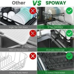 2-Tier Stainless Steel Dish Rack With Drainboard-Detachable Utensil/Cup Holders In Black -Tahanbath black tahanbath dish racks z d010277fhjj 44 1000