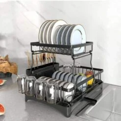 2-Tier Stainless Steel Dish Rack With Drainboard-Detachable Utensil/Cup Holders In Black