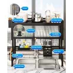 3-Tier Over Sink Dish Rack-33.5" Space-Saving Storage With Cover, Baskets & Utensil Holder (Black) -Tahanbath black tahanbath dish racks z d0102x3jzzw 1f 1000