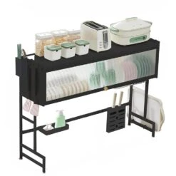 3-Tier Over Sink Dish Rack-33.5" Space-Saving Storage With Cover, Baskets & Utensil Holder (Black)