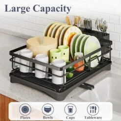 2-Pack Dish Rack And Under Sink Organizer Large Drainboard Plus 2-Tier Pull-Out Cabinet Shelf -Tahanbath black tahanbath dish racks z d0102xf1s12 c3 1000