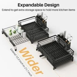 Expandable Stainless Steel Dish Rack-Large Over-Sink Drainer With Drainboard & Utensil Holder (Black) -Tahanbath black tahanbath dish racks z d0102xf1sy6 1f 1000