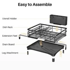 Expandable Stainless Steel Dish Rack-Large Over-Sink Drainer With Drainboard & Utensil Holder (Black) -Tahanbath black tahanbath dish racks z d0102xf1sy6 4f 1000
