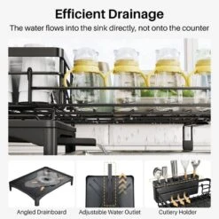 Expandable Stainless Steel Dish Rack-Large Over-Sink Drainer With Drainboard & Utensil Holder (Black) -Tahanbath black tahanbath dish racks z d0102xf1sy6 76 1000