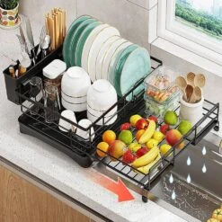 Expandable Stainless Steel Dish Rack-Large Over-Sink Drainer With Drainboard & Utensil Holder (Black) -Tahanbath black tahanbath dish racks z d0102xf1sy6 c3 1000