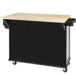Black Kitchen Cart With Rubber Wood Drop-Leaf Countertop, 3 Drawers, Cabinet Storage And 5 Wheels -Tahanbath black tahanbath kitchen carts z wf298028aab 1d 1000