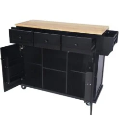 Black Kitchen Cart With Rubber Wood Drop-Leaf Countertop, 3 Drawers, Cabinet Storage And 5 Wheels -Tahanbath black tahanbath kitchen carts z wf298028aab 1f 1000