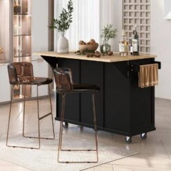 Black Kitchen Cart With Rubber Wood Drop-Leaf Countertop, 3 Drawers, Cabinet Storage And 5 Wheels -Tahanbath black tahanbath kitchen carts z wf298028aab 31 1000
