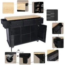 Black Kitchen Cart With Rubber Wood Drop-Leaf Countertop, 3 Drawers, Cabinet Storage And 5 Wheels -Tahanbath black tahanbath kitchen carts z wf298028aab 4f 1000