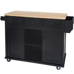 Black Kitchen Cart With Rubber Wood Drop-Leaf Countertop, 3 Drawers, Cabinet Storage And 5 Wheels