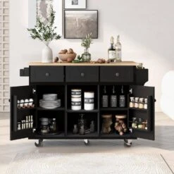 Black Kitchen Cart With Rubber Wood Drop-Leaf Countertop, 3 Drawers, Cabinet Storage And 5 Wheels -Tahanbath black tahanbath kitchen carts z wf298028aab 77 1000