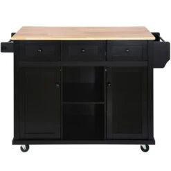 Black Kitchen Cart With Rubber Wood Drop-Leaf Countertop, 3 Drawers, Cabinet Storage And 5 Wheels -Tahanbath black tahanbath kitchen carts z wf298028aab d4 1000
