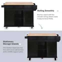 Black Kitchen Cart With Rubber Wood Drop-Leaf Countertop, 3 Drawers, Cabinet Storage And 5 Wheels -Tahanbath black tahanbath kitchen carts z wf298028aab fa 1000