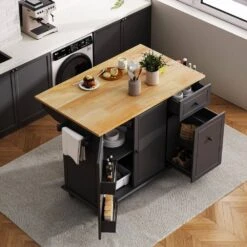 53.9 In. Rolling Kitchen Cart Island With Drop Leaf: 3-Tier Pull-Out Storage, Spice/Towel Racks And Internal In Black -Tahanbath black tahanbath kitchen carts z wf312383aab 1f 1000