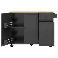 53.9 In. Rolling Kitchen Cart Island With Drop Leaf: 3-Tier Pull-Out Storage, Spice/Towel Racks And Internal In Black