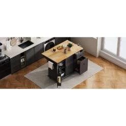 53.9 In. Rolling Kitchen Cart Island With Drop Leaf: 3-Tier Pull-Out Storage, Spice/Towel Racks And Internal In Black -Tahanbath black tahanbath kitchen carts z wf312383aab c3 1000