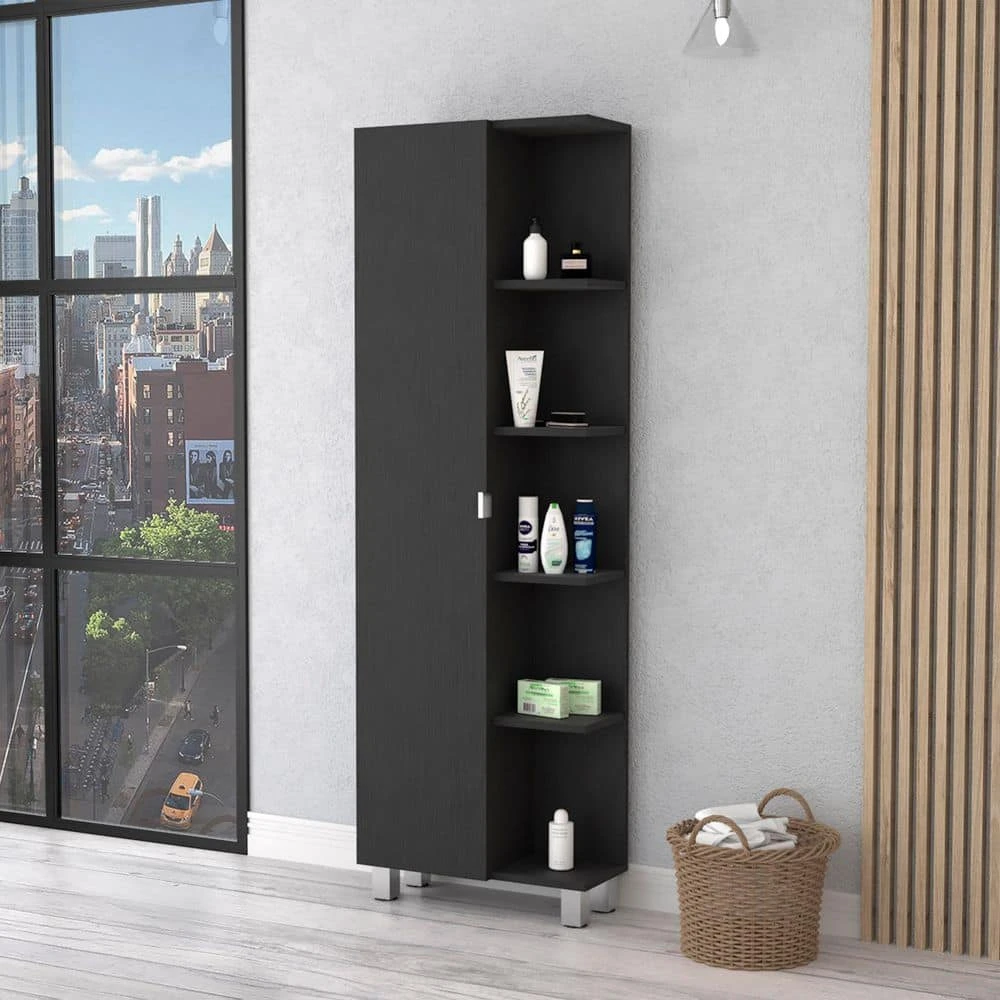 20.15 In. W X 8.45 In. D X 62.20 In. H Black Melamine Freestanding Linen Cabinet W/5-Shelves In Black 5 20.15 In. W X 8.45 In. D X 62.20 In. H Black Melamine Freestanding Linen Cabinet W/5-Shelves In Black - Image 5